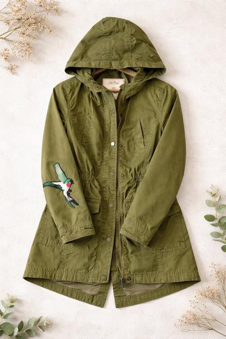 Olivová parka s kolibríkom, takko,xs