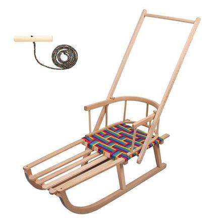 Detské drevené sánky s operadlom rukoväťou a povrá, 