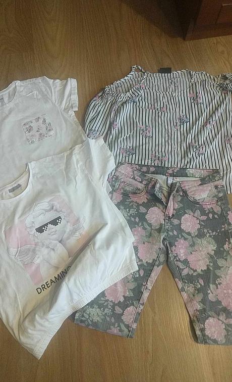 Kvietkovaný balík - kosela, rifle a tričká 158/164, 158–170