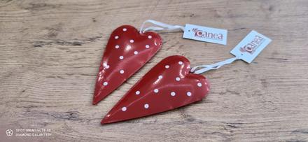 Srdce závesené kovové - červené biele bodky- 120x7,