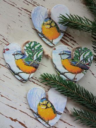 Vianočná dekorácia srdce- sýkorky, 