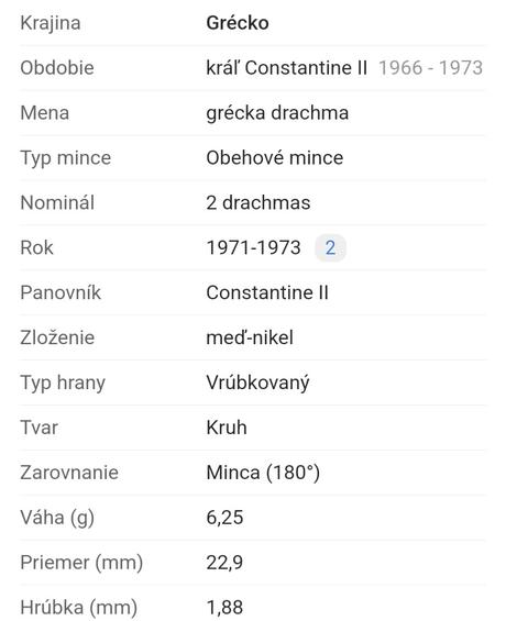 Minca 2 drachmy grécko,