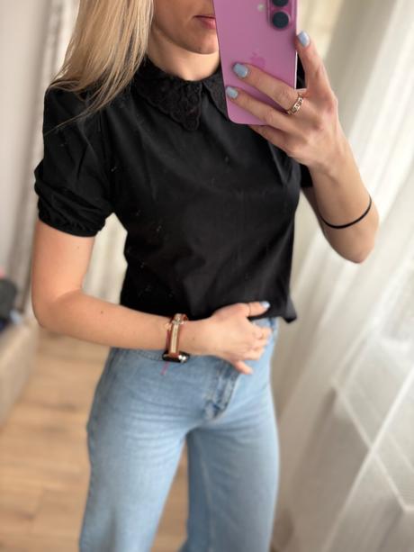 Čierne tričko s ozdobným golierom, pull&bear,s