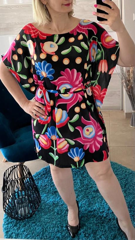 Oversize netopierie šaty s opaskom kvetované, l / m / s / xl