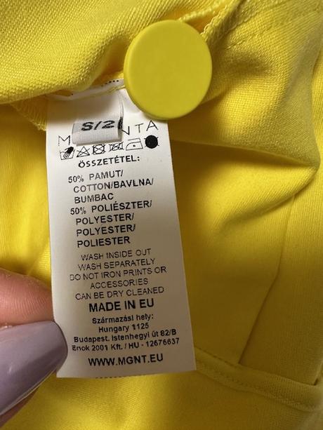 Nádherný kombinovaný žltý sukňový kostým magenta, l / m