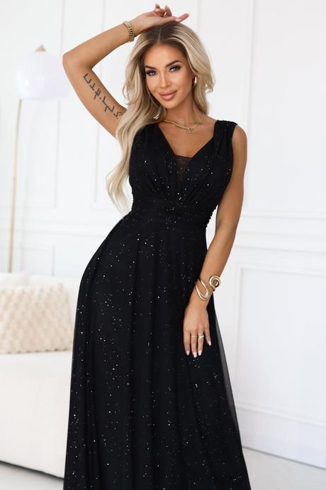 Dámske čierne večerné maxi šaty s brokátovým efekt, 