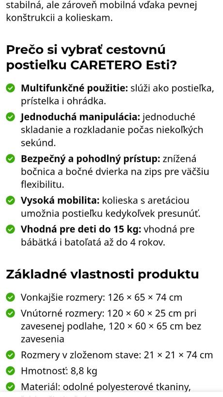 Caretero cest. postieľka + matrac, šírka (cm): 75,dĺžka (cm): 80