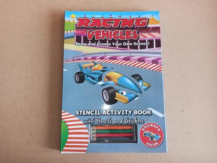 Racing vehicles - stencil activity book, 