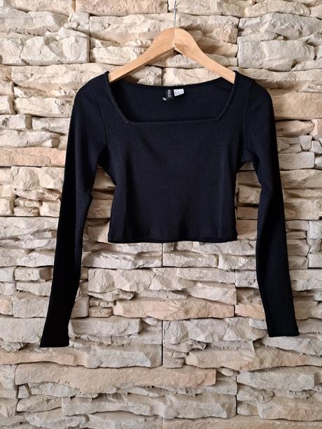 Čierny crop top s dlhým rukávom, h&m,m