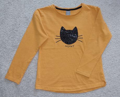 Žlte tričko s mačkou a flitrami, 128