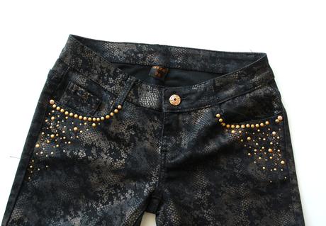 Štýlové skinny džínsy s mramorovým vzorom a zlatým, s