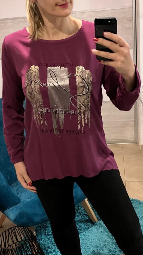 Tričko s potlačou a kamienkami cyklámenové (uni), l / m / s