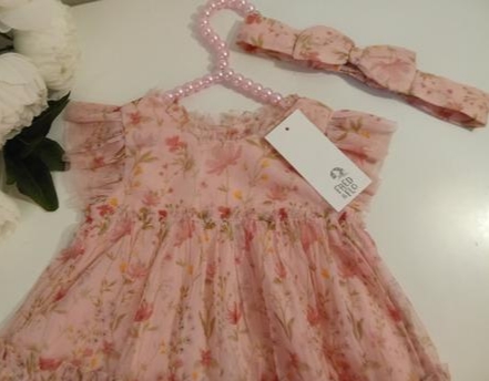 Romantické tylové šaty s čelenkou, kvetinový vzor, 68