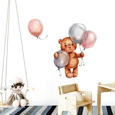 Nálepka na stenu - macko s balónmi,