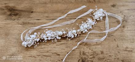 Ozdoba do vlasov - čelenka so stuhou - bielo zlatá,