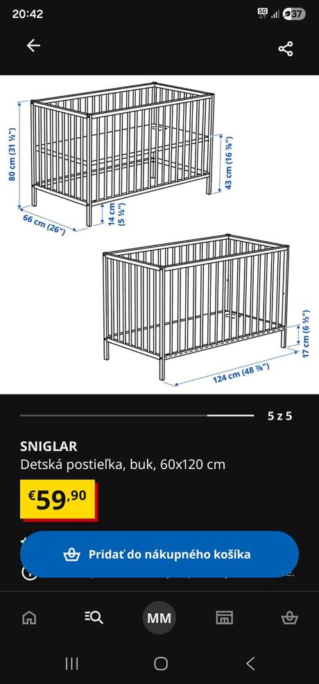 Detská postieľka ikea, šírka (cm): 60,dĺžka (cm): 120