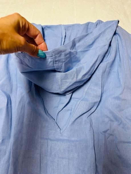 Bledomodré ľanové voľné šaty s kapucňou xl, xl