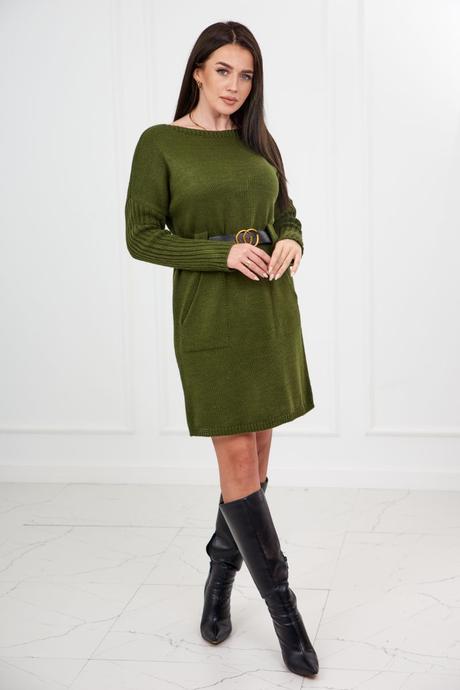 Dámske svetrové šaty s opaskom-khaki, 