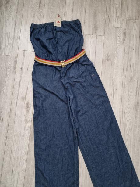 Džínsový overal bez ramienok s farebným opaskom, lee cooper,xl