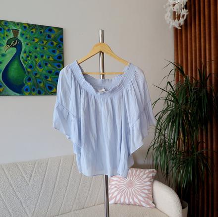 Svetlomodrá blúzka odhalené ramená, h&m,42