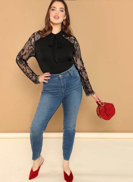 Body s mašličkou a čipkovými rukávmi+, xl / xxl