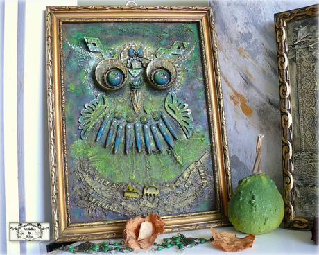 Sova- 3d maľba v zlatom ráme, 