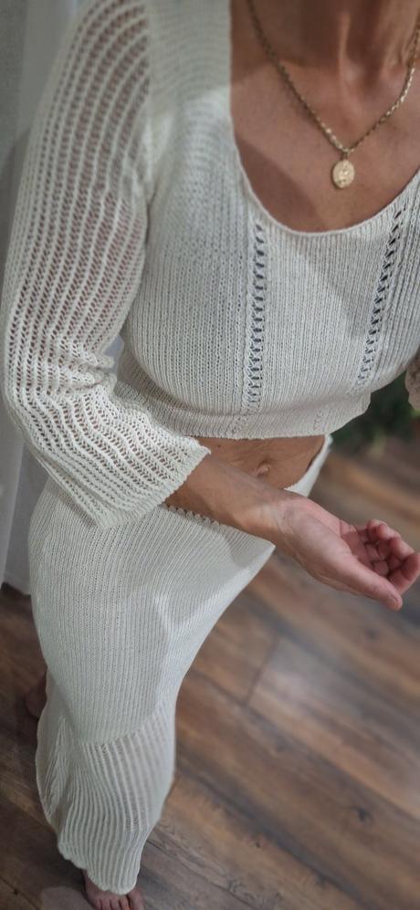 Pleteny komplet top svetrik a dlha sukna 36/38, s
