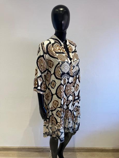 Dámske vzorované šaty s volánom hnedé (uni), l / m / s / xl
