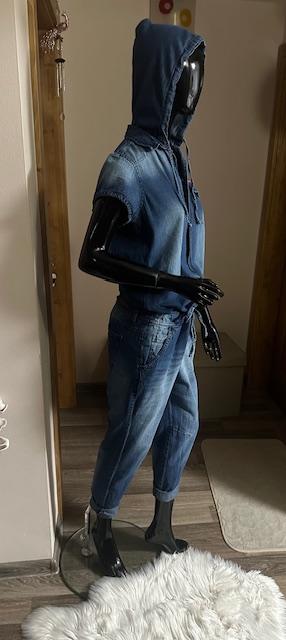 Džínsový overal na zips s kapucňou zn. retro, m