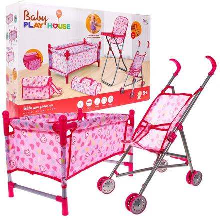 Set postieľka, kočiarik a iné pre bábiky, 
