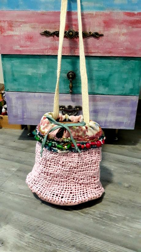 Pudrovo ružová taštička z bavlnenej hrubej priadze, 