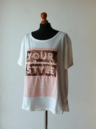 Štýlové biele tričko s flitrovým nápisom, 4xl