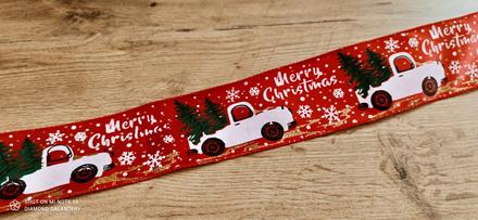 Ozdobná stuha 50 mm - vianočné auto červený podkl, 