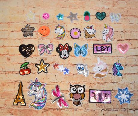 Pestré aplikácie s flitrami/nášivka/nažehľovačka, 