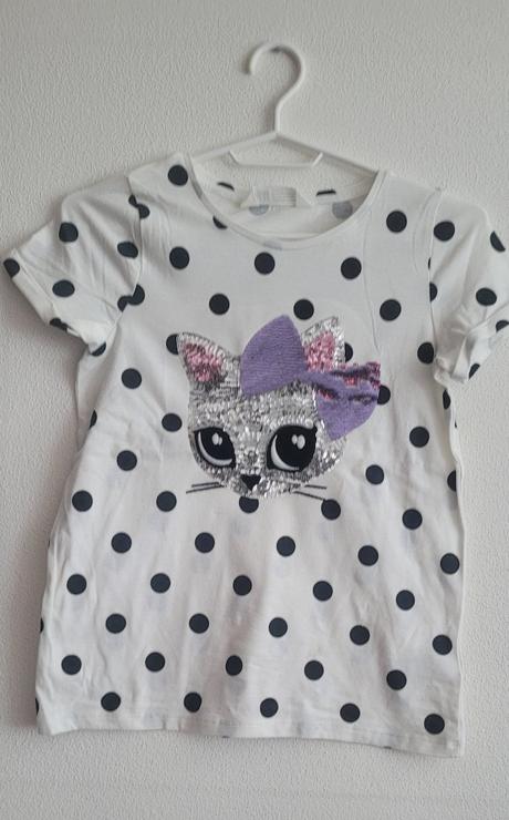 Letne bodkovane tricko s macickou, h&m,134
