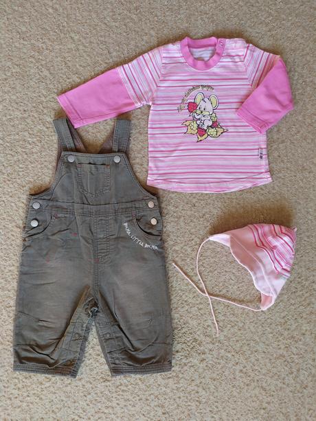 Menčestrové nohavice na traky 62/68 +tričko,čiapka, 62