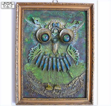 Sova- 3d maľba v zlatom ráme, 