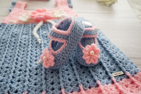 Detská háčkovaná súprava šaty, čelenka, topánky, 74 / 80 / 86