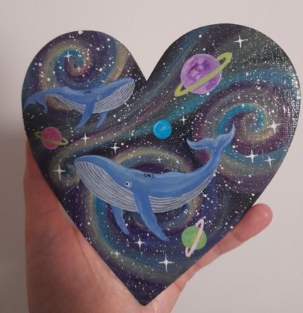 Akryl na platne srdce, vesmir, velrybky, 