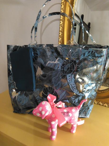 Pink transparetná kabelka potlač listy + psík pink, 
