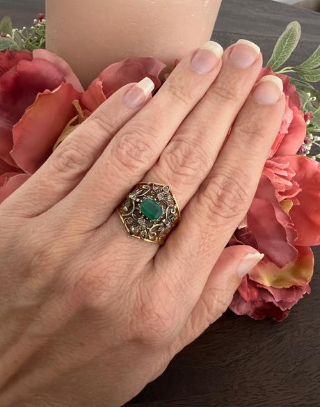 Velmi stary stieborny prsten pozlateny 18k zlatom, 