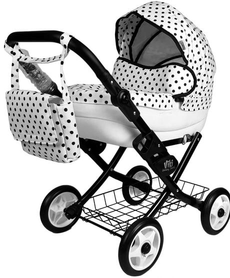 Detský kočík pre bábiky  biely - čierne bodky, 