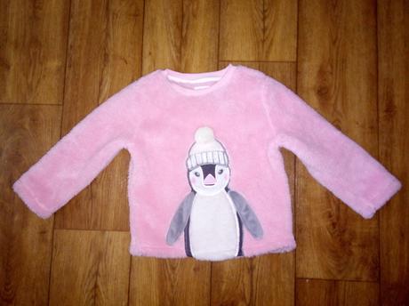 Ružový huňatý pulóver s tučniakom 104/110 ako nový, f&f,104