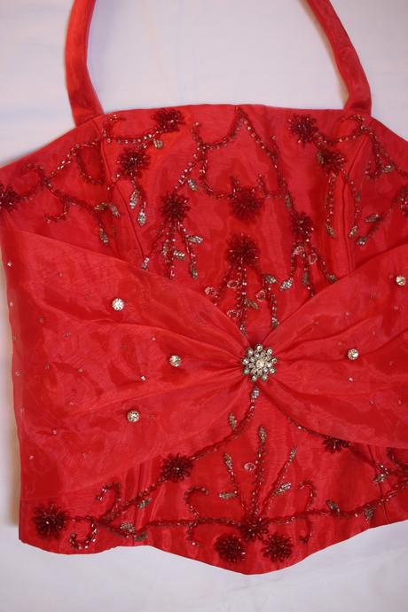 Vintage červený korzet s korálikmi elegantný top, l