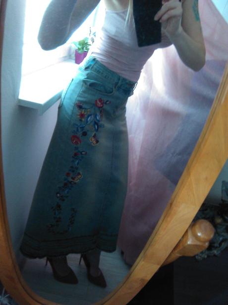 Riflová vyšívaná sukna, topshop,s