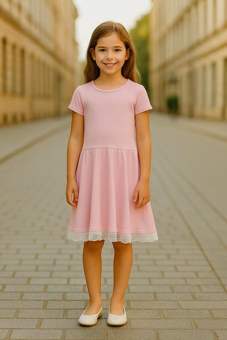 Dievčenské ružové bavlnené šaty s čipkou, 128