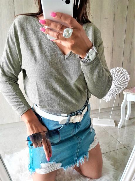 Olivový svetrík s lurexom -l/xl, l