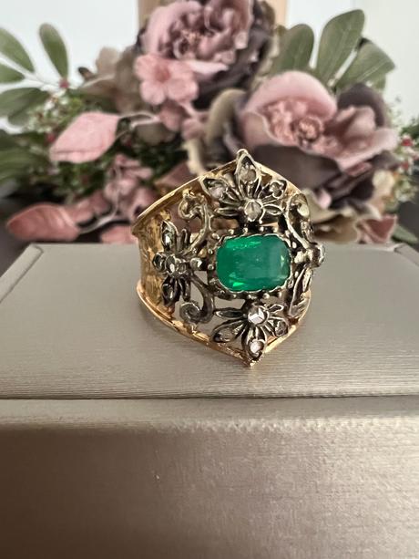 Velmi stary stieborny prsten pozlateny 18k zlatom, 