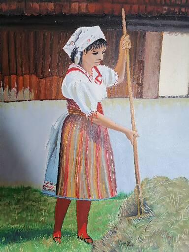 Signovany zarámovaný obraz - hrabačka sena, 