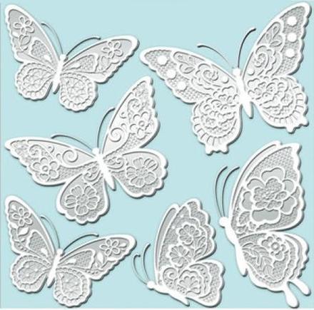 Nálepky motýle s krajkovými bielymi krídlami,